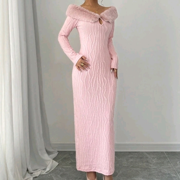 Long Sleeve Fluffy Collar Tie-Waist Off Shoulder Elegant Char - Picture 4 of 4